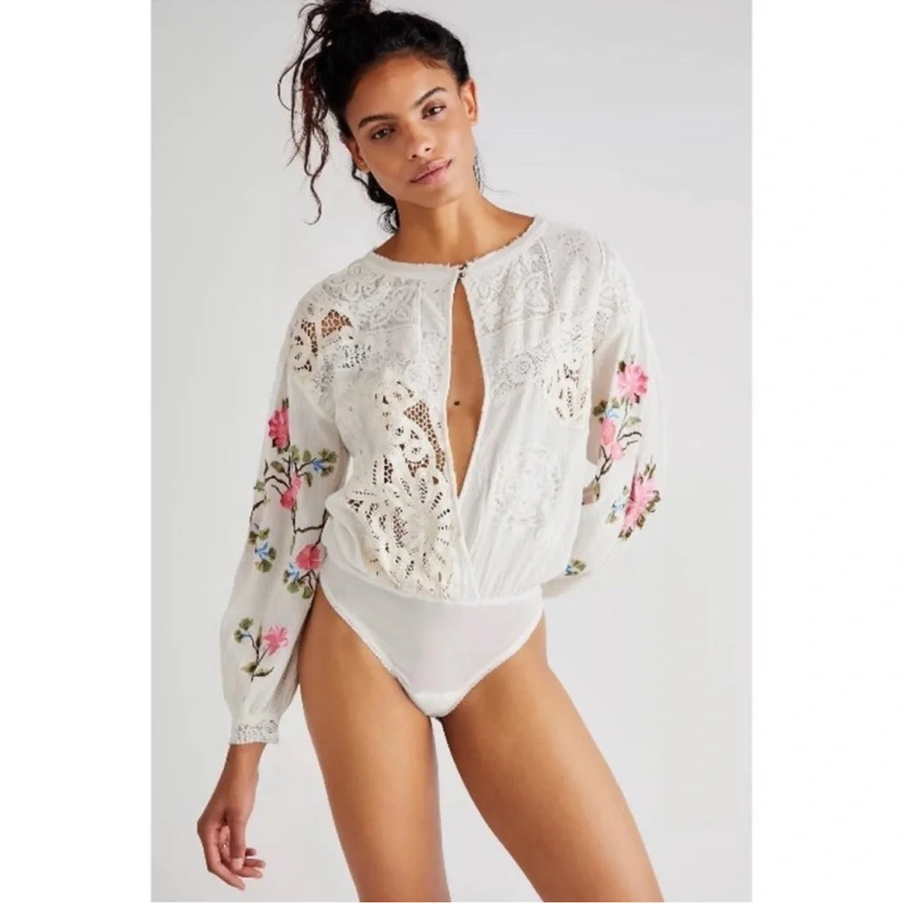 NWOT Free People Making Harmony Embroidered Cotton Long Sleeve Bodysuit XS